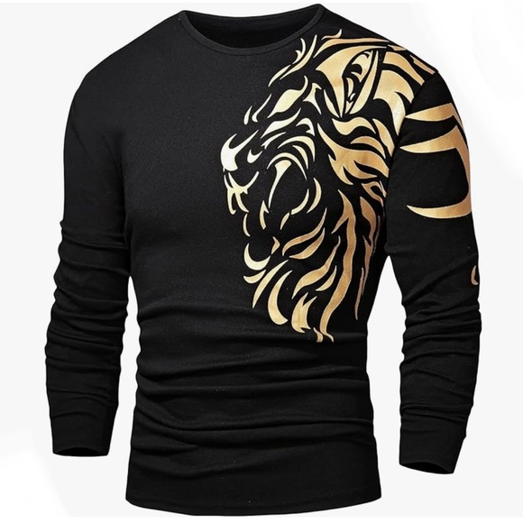 Men's Tiger Print Long Sleeve Round Neck Tee Casual Crewneck Fitted T-Shirt - Picture 1 of 3